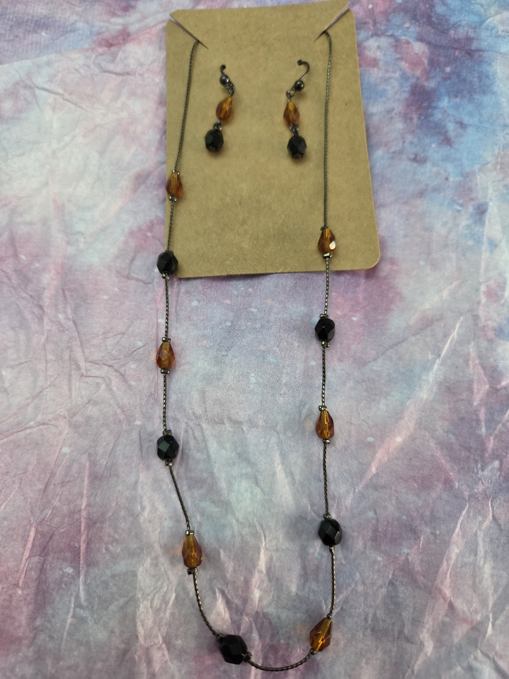 Amber and Black Beaded Necklace & Earring Set